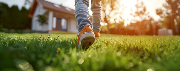 One child running on green grass garden to new house.