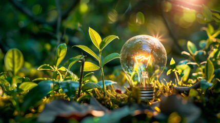 Sustainable energy, environmental friendly, renewable energy concept. Light bulb with tree and green nature background.