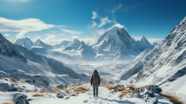 A lone hiker traverses the snow-capped mountains.