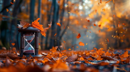 A serene autumn forest ablaze with colorful foliage, with an hourglass nestled among fallen leaves on the forest floor.