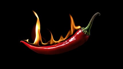 A fiery red chili pepper ablaze on a dark background, representing spicy flavors. Conceptual image ideal for culinary themes and heat metaphors. Bold, vibrant, and dynamic style. AI