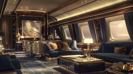 Concept Art of a luxury private jet interior designed for a state guest, using an Art Deco elegance theme with glossy finishes and subtle, luxurious textures