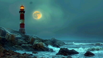 A coastal lighthouse scene with the lunar eclipse visible above the towering beacon, adding a sense of mystery to the maritime landscape. lunar eclipse