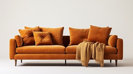 Brown leather sofa with pillows on white background. 3d rendering