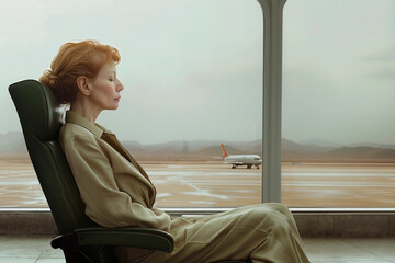 A woman in a beige suit sits in an airport lounge, gazing at a departing plane, signifying a sense of travel and anticipation