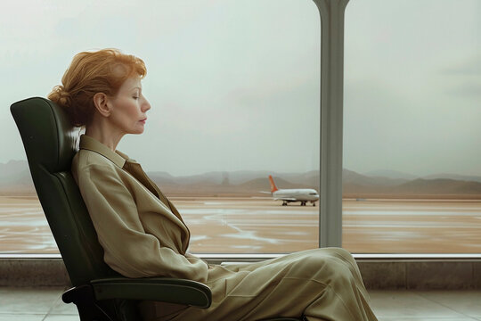 A woman in a beige suit sits in an airport lounge, gazing at a departing plane, signifying a sense of travel and anticipation