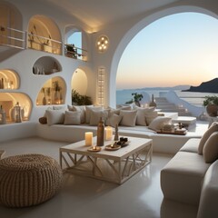 Modern luxury villa interior with white walls and arches overlooking the ocean