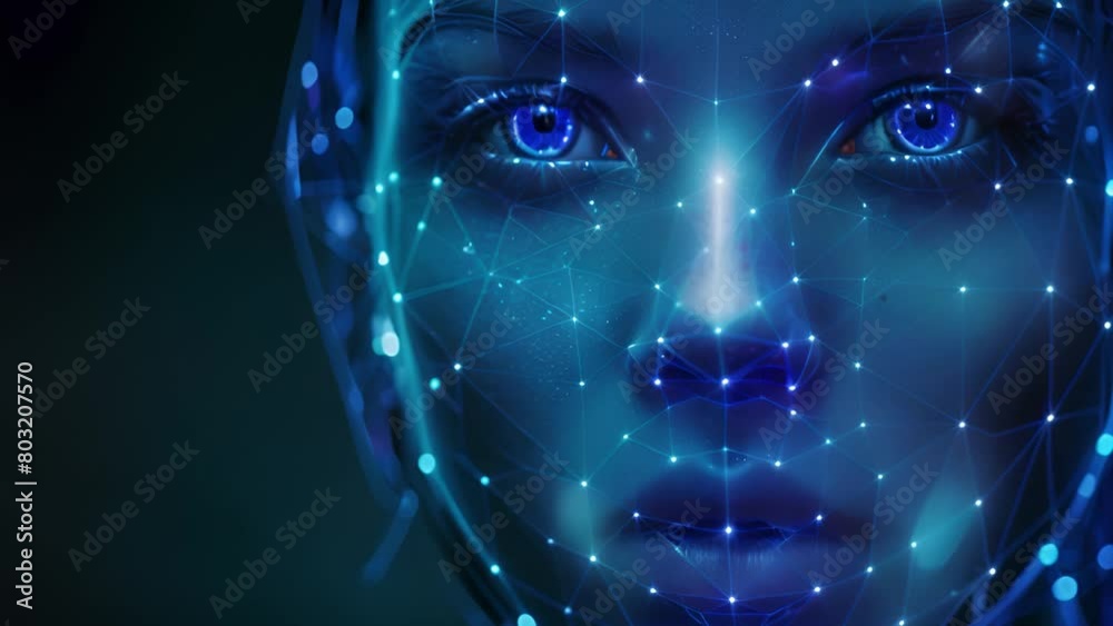 Aufkleber womans face overlaid with glowing blue digital lines suggesting futuristic technology.