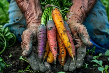 A farmer holds a handful of freshly harvested carrots. - obrazy, fototapety, plakaty