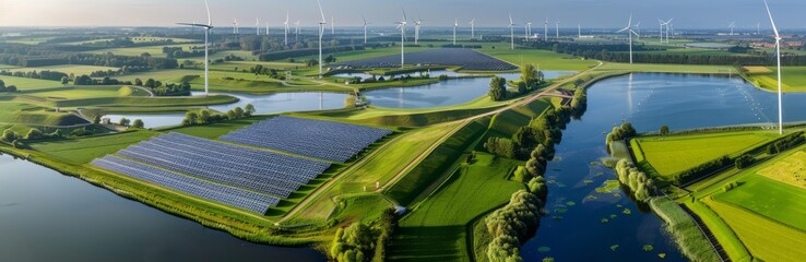 Obraz premium A panoramic view of an open field with solar panels and wind turbines, symbolizing sustainable energy solutions