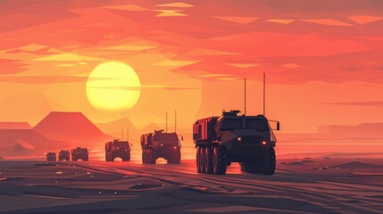 Vector Art of a mobile artillery convoy on a desert battlefield, using a minimalist, geometric art style with a dramatic, highcontrast sunset