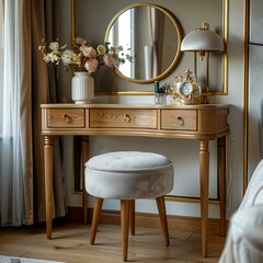 Dressing table with mirror and stool