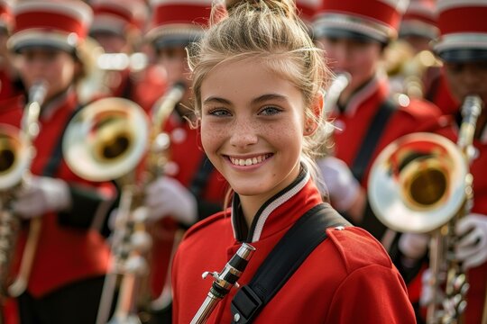 High school marching band member playing the saxophone