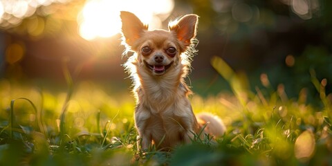 A cute chihuahua dog sitting in the grass and looking at the camera