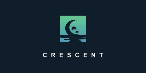 crescent night with palm tree modern flat clean minimal logo premium vector
