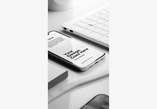White Phone Mockup Screen Template on Desk with Keyboard, Mouse, and Mouse Pad - White Minimalistic Office Modern Clay