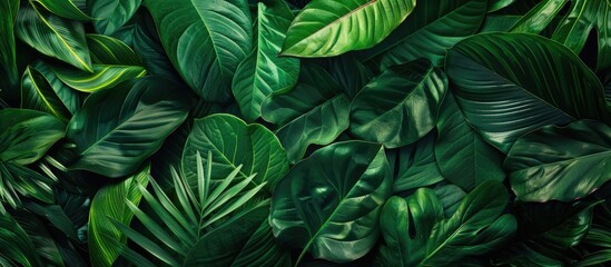 Tropical green leaves arranged creatively with space for text. Representing the beauty of spring in nature. Top-down view.