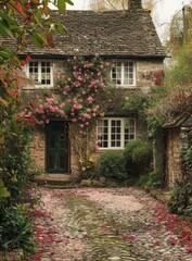 Stone cottage with pink climbing roses and autumn leaves