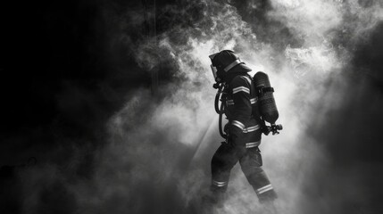 A firefighter engulfed in thick smoke while working