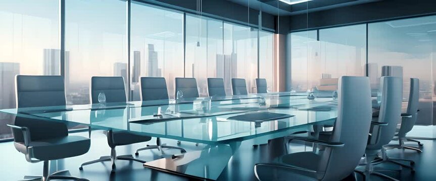 Realistic 3D depiction of empty investor conference room, minimalist economic crisis,