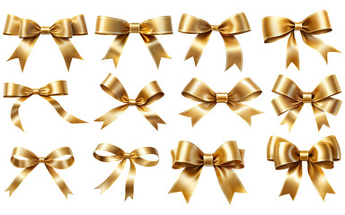 set of golden ribbon bows on a transparent background