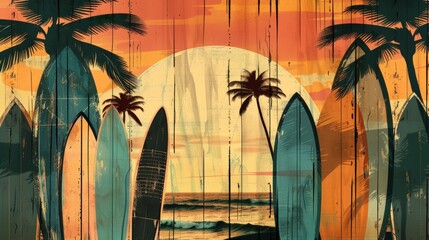 Retro style tropical sunset with silhouettes of surfboards and palm trees