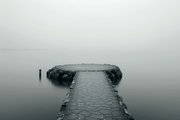 Stone pier extending into a foggy lake