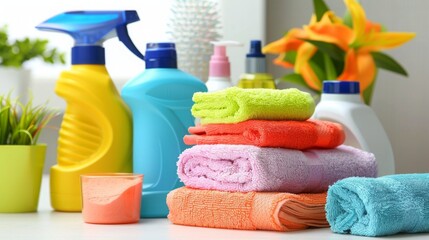 A neatly stacked assortment of vibrant towels with various cleaning products and flowers in the background.