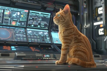A cat sits on a computer desk, looking curiously at the screen and surroundings