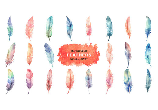 Watercolor painted style feathers clipart isolated on transparent background. Created using Generative AI.