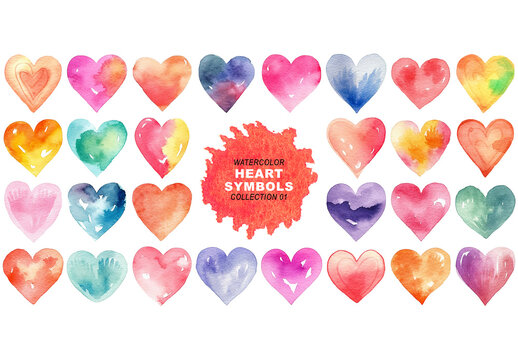 Watercolor painted style heart symbols clipart isolated on transparent background. Created using Generative AI.