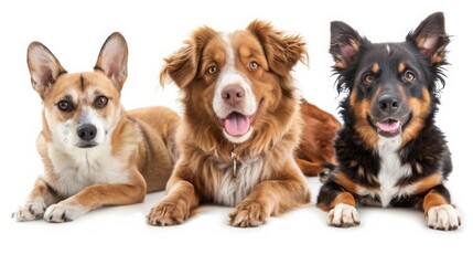 Three attentive dogs of different breeds posing together while lying down, looking directly at the camera.