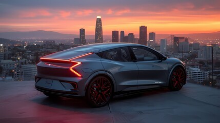 A sleek gray hatchback, parked in front of a vibrant cityscape, its eye-catching design and urban appeal photographed in high-definition to showcase its style