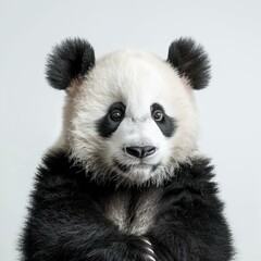 Fototapeta premium A giant panda bear cub staring at the camera with its paws together
