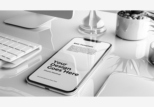 White Phone Mockup Screen Template with Desk Keyboard Coffee Computer Monitor Mouse Table - White Minimalistic Clay Working Office