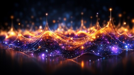 A glowing wave of light. On a black background, light waves appear. Hi-tech and big data digital background.