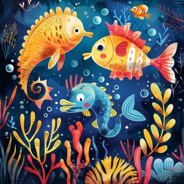 Three happy fish are swimming in the deep blue sea