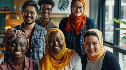 A diverse group of coworkers of various nationalities and faiths, smiling and collaborating in a modern office space, promoting inclusivity and cooperation