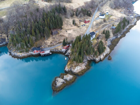  drone view of Holandsfjord and Nordfjord in Nordland county