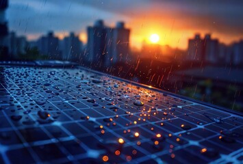 Evening rain on solar panels against a city skyline, capturing the intersection of urban life and renewable energy in the golden hour.