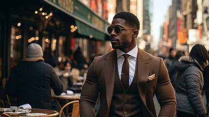 A Stylish Man in a Brown Suit and Sunglasses
