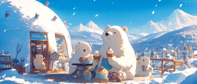 A polar bear family enjoying ice cream cones in an igloo cafe, cute cartoon story