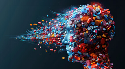 Womans Head With Colorful Pills Emerging