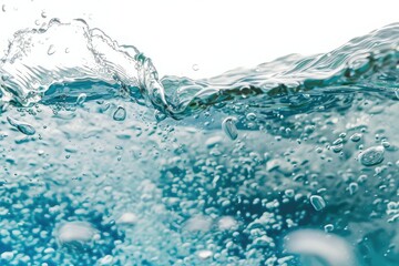 water with air bubbles underwater, splash and waves on white background	
