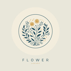 Emblem with flowers and leaves. Can be used for jewelry, beauty and fashion industry. Great for logo, monogram, invitation, flyer, menu, background, or any desired idea.