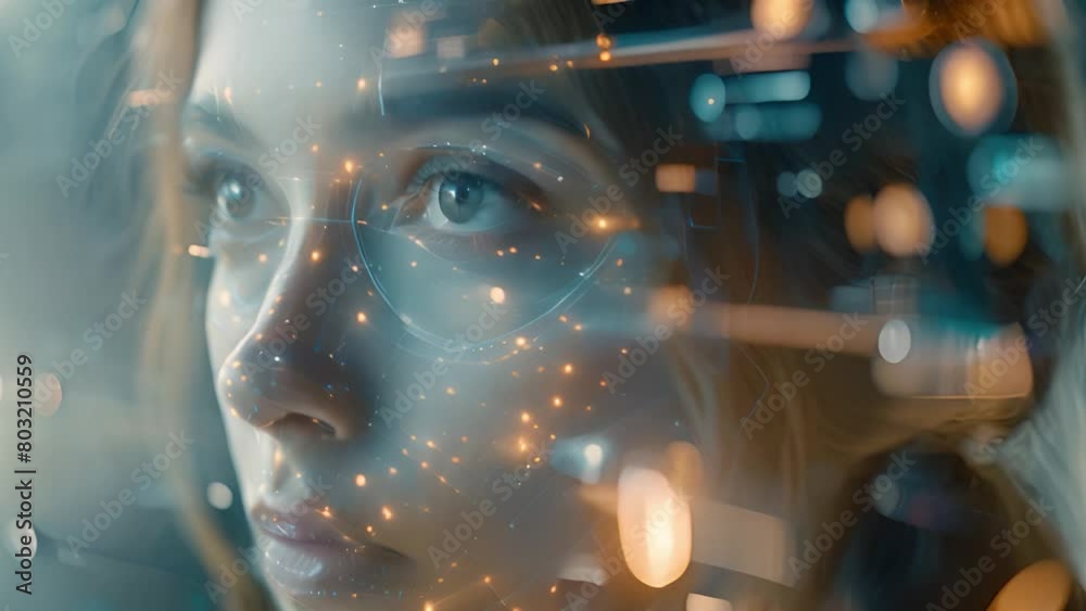 Poster Woman gazes intently as data streams by in a technologically advanced setting.