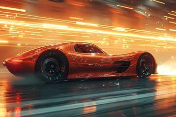 A sleek racing sports car zooming down a straight track, its body reflecting the sunlight as it reaches a speed of 200km/hr. The blurred background emphasizes its incredible velocity