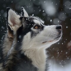 A Siberian Husky looking up at the falling snow