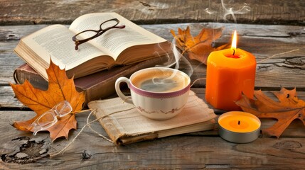 Cozy autumn morning with a steaming cup of tea by a sunny window, surrounded by fallen leaves