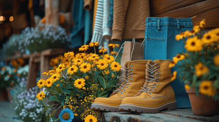 Yellow Boots on Wooden Bench